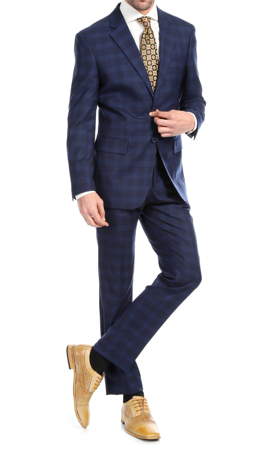 Lancaster Navy Blue Plaid Check Premium 2-Piece Premium Wool Slim Fit Suit