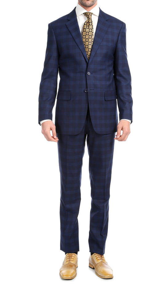 Lancaster Navy Blue Plaid Check Premium 2-Piece Premium Wool Slim Fit Suit